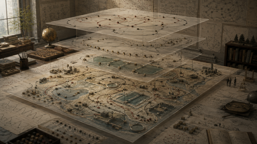 Layered system dynamics model on a research table with translucent planes, reservoirs, flow paths, feedback loops, delay chains, maps, modular blocks, and small observational figures.