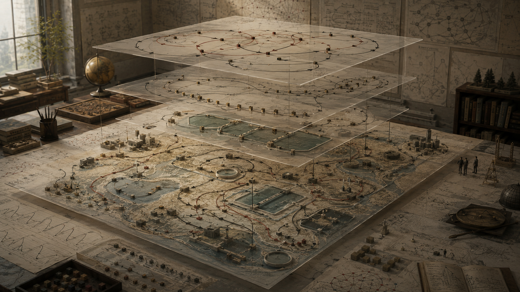 Layered system dynamics model on a research table with translucent planes, reservoirs, flow paths, feedback loops, delay chains, maps, modular blocks, and small observational figures.