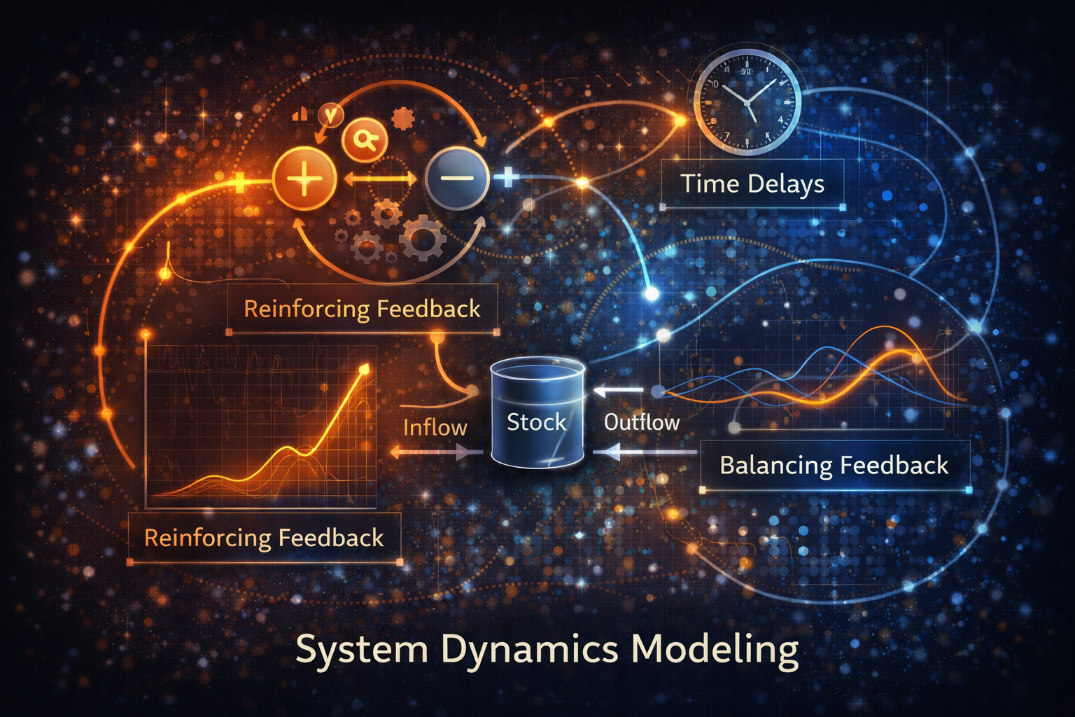 Diagram illustrating system dynamics modeling with stocks, flows, reinforcing and balancing feedback loops, and time delays in a complex system simulation.