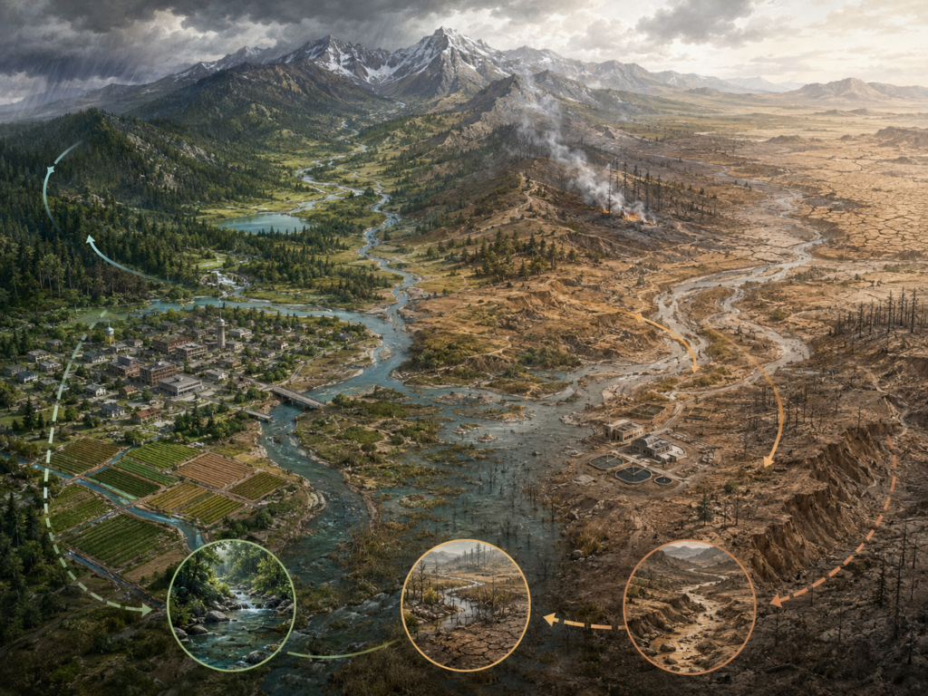 Panoramic systems illustration of a watershed shifting from healthy forest, farms, and rivers into burned slopes, drought, erosion, degraded waterways, and barren land.