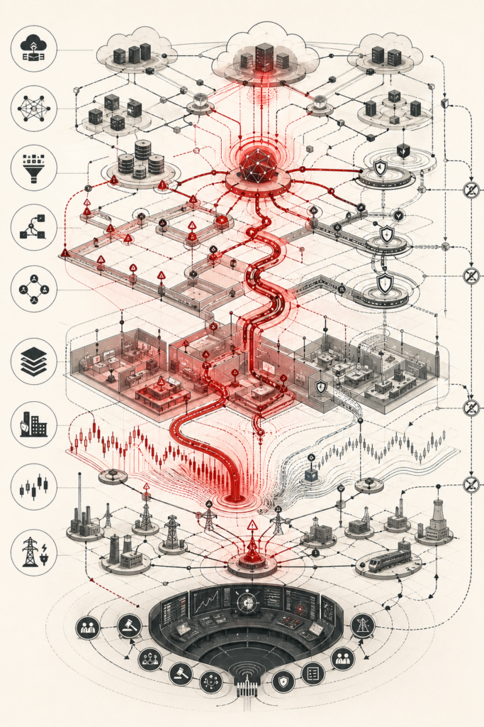 Abstract editorial illustration showing a layered AI system network with a local failure propagating through connected models, workflows, infrastructure, and governance layers, alongside monitoring, containment, and resilience mechanisms.
