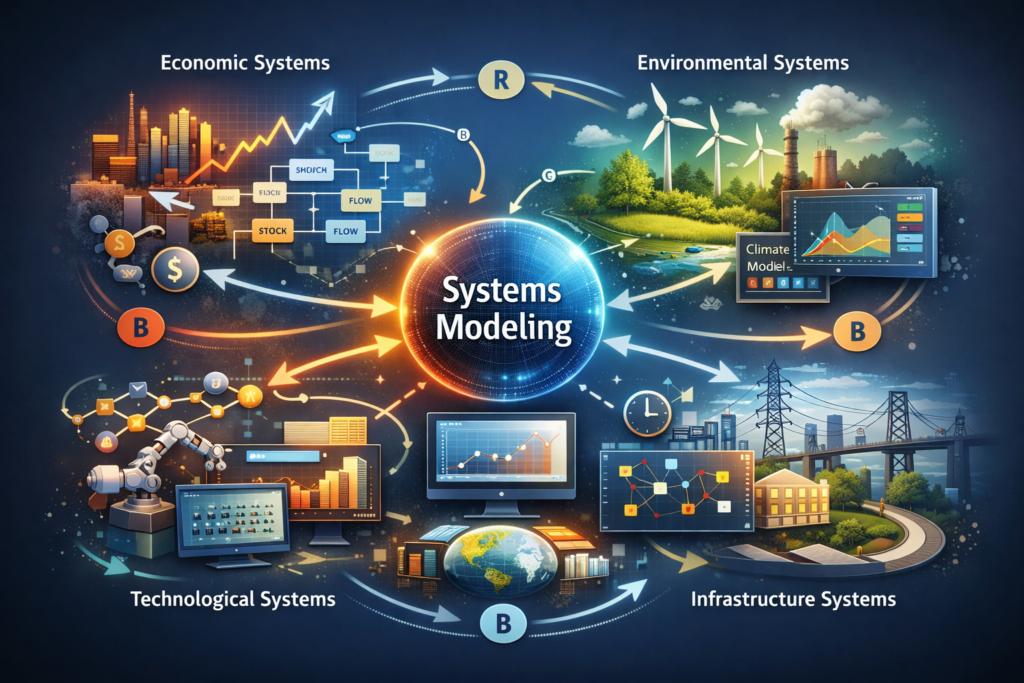Conceptual illustration of systems modeling showing interconnected economic, environmental, technological, and infrastructure systems linked through feedback loops, simulations, and dynamic system interactions.