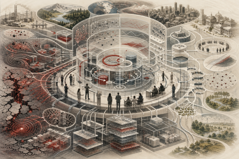 Editorial scientific illustration of systems modeling as a formal-systems architecture, showing system boundaries, feedback loops, stock-and-flow reservoirs, scenario pathways, network dependencies, calibration and validation structures, infrastructure systems, ecological systems, climate feedback, public-policy corridors, governance institutions, shock propagation, cascading failure, resilience buffers, and responsible model interpretation.