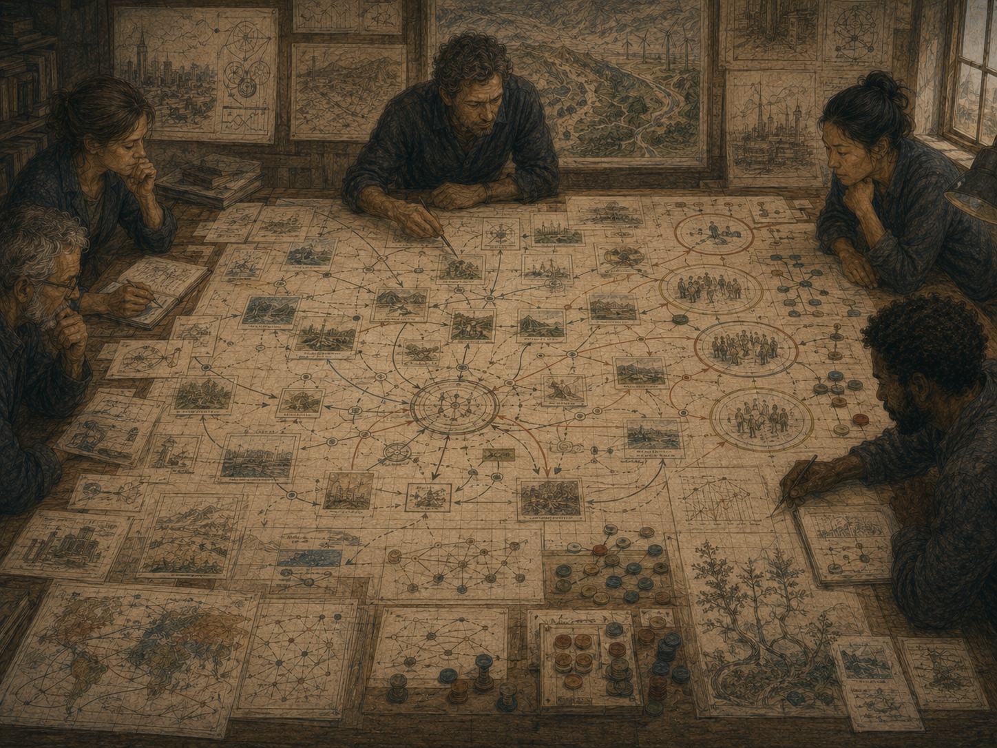 Researchers study interconnected maps, feedback loops, stakeholder clusters, resource flows, and idea cards on a large planning table.