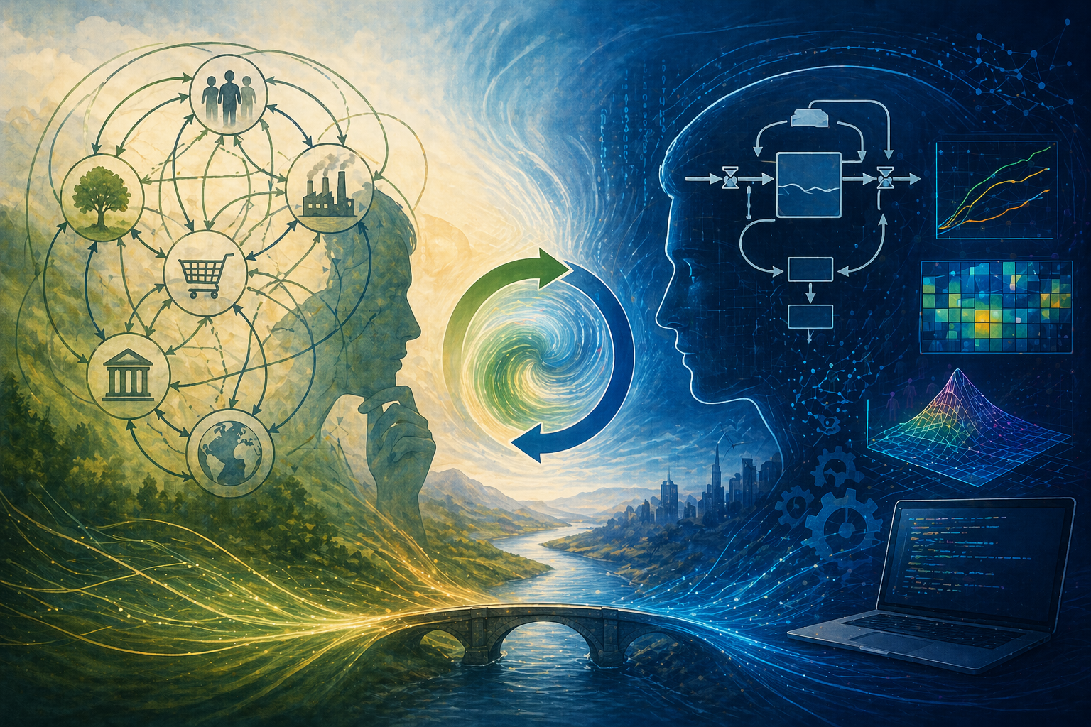 Text-free conceptual illustration contrasting systems thinking and systems modeling through an organic interconnection map on one side and formal analytical diagrams on the other, linked by a central exchange motif.