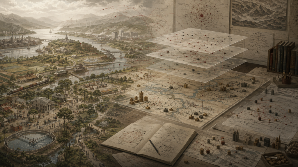 Interconnected landscape of people, infrastructure, waterways, institutions, and ecology gradually transitions into a layered research-table model with network diagrams, maps, feedback loops, and modular blocks.