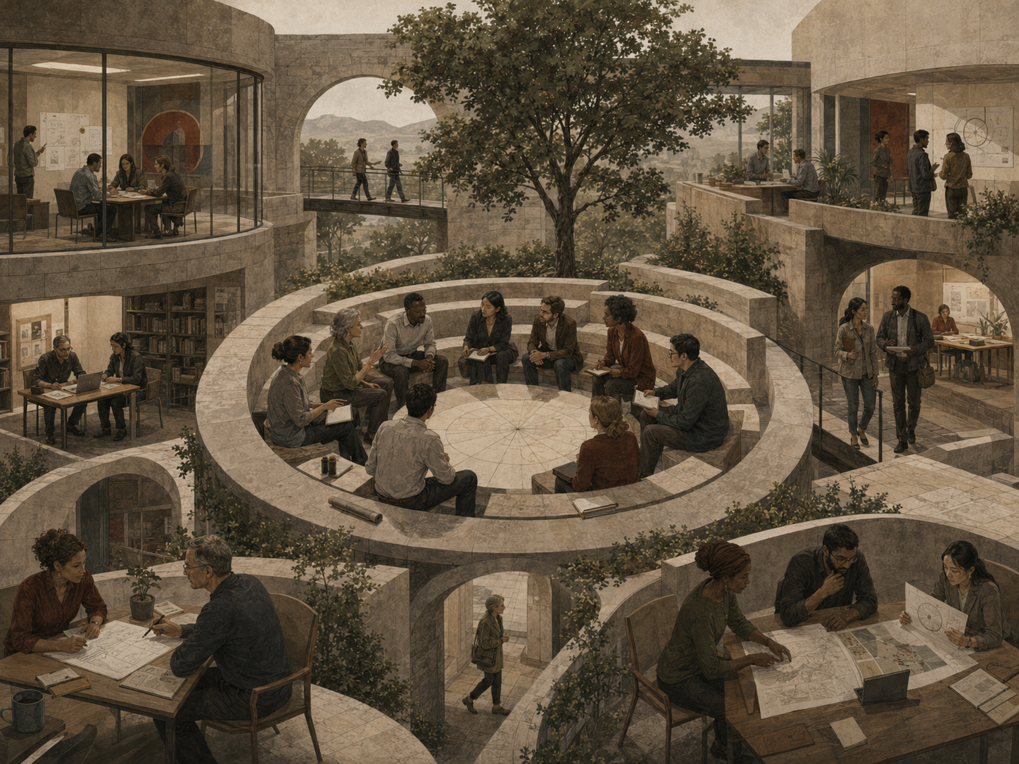 Restrained institutional illustration of teams collaborating across a layered organizational courtyard, with circular discussion spaces, shared worktables, bridges, archives, and open meeting rooms.