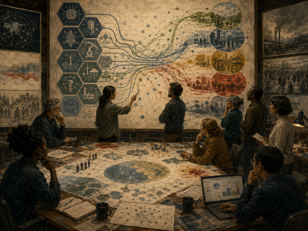 A diverse foresight team maps technology signals, infrastructure systems, social impacts, ecological risks, and future governance pathways.