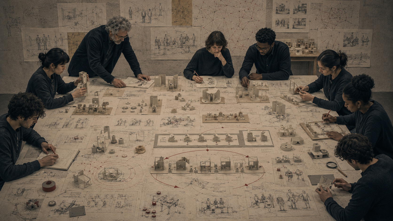 Editorial illustration of a design studio table covered with prototype models, testing sequences, sketches, feedback pathways, validation diagrams, and revision cycles.