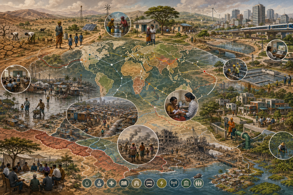Editorial sustainability illustration showing global poverty as a spatial condition shaped by rural vulnerability, informal settlements, infrastructure gaps, disease burden, climate exposure, conflict displacement, and unequal public-service reach.