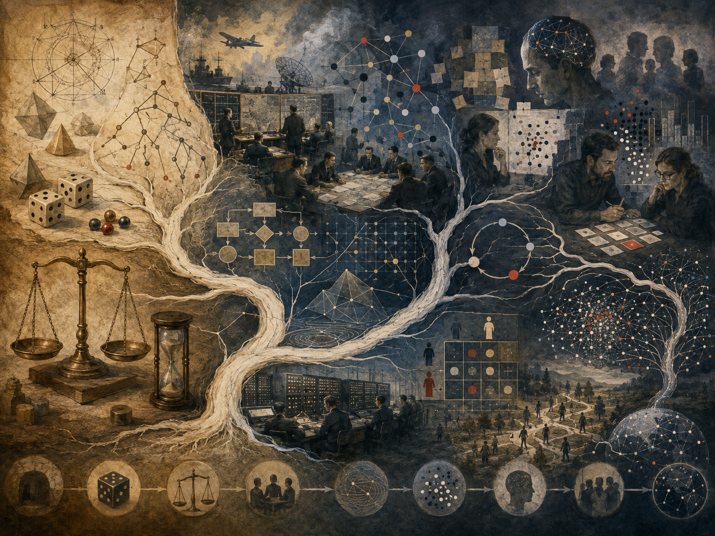 Painterly editorial illustration showing the historical evolution of decision science through probability diagrams, scales, decision trees, operations research, systems analysis, behavioral judgment, data networks, and complex adaptive systems.