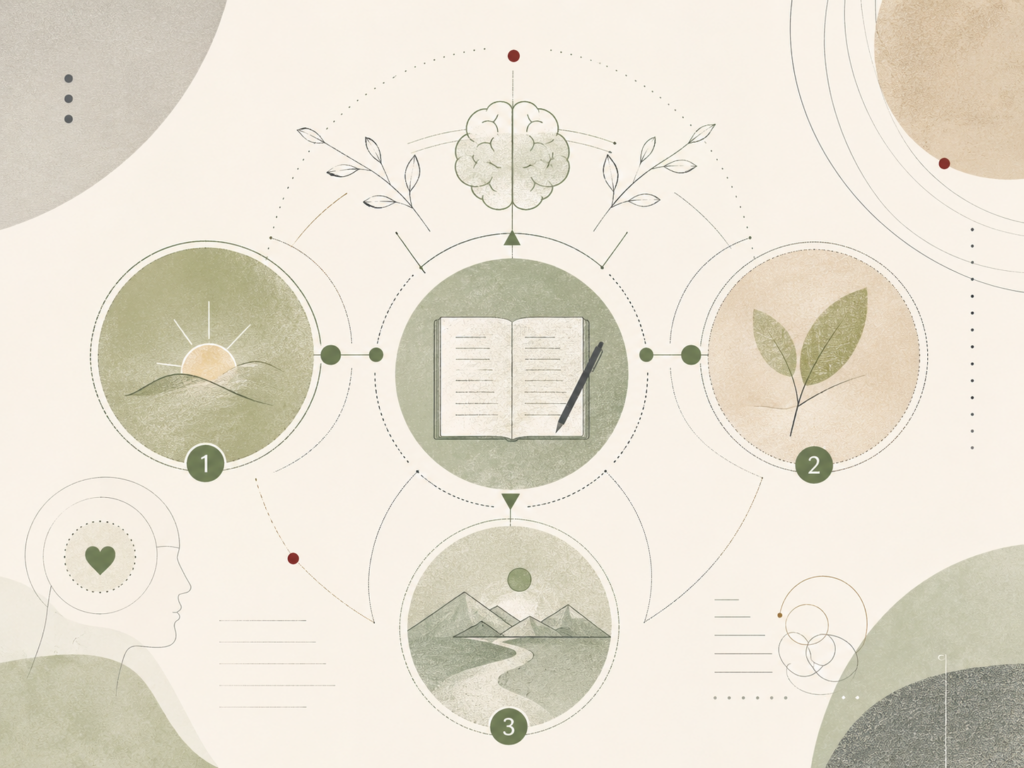 Abstract institutional illustration of the Three Good Things exercise, showing a journaling notebook connected to three reflective well-being symbols.