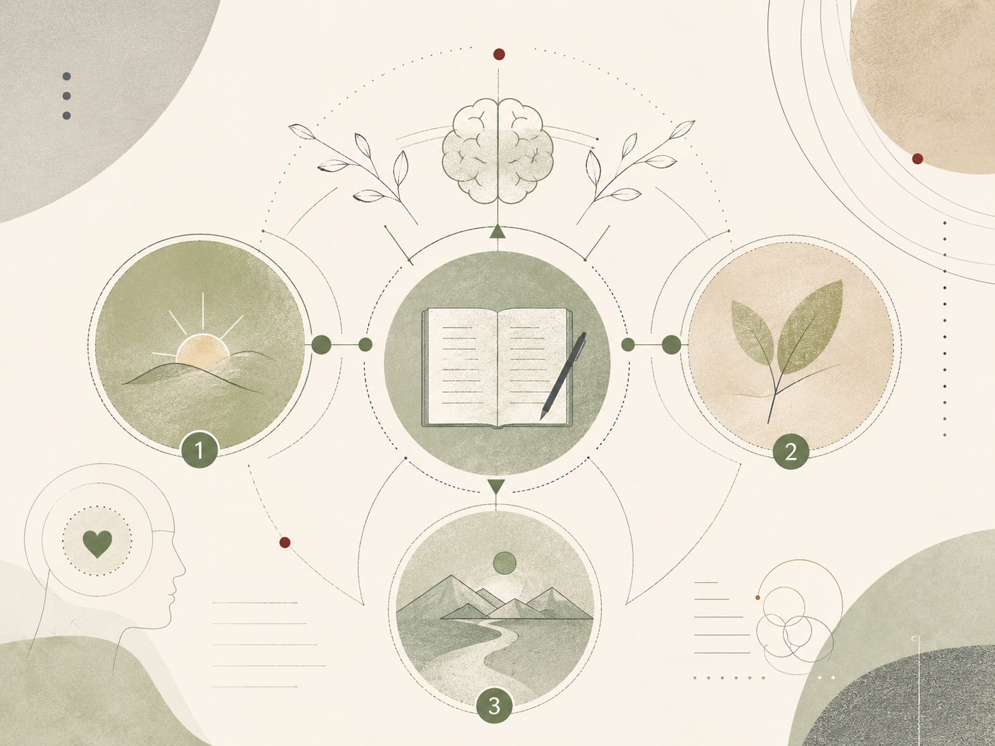 Abstract institutional illustration of the Three Good Things exercise, showing a journaling notebook connected to three reflective well-being symbols.