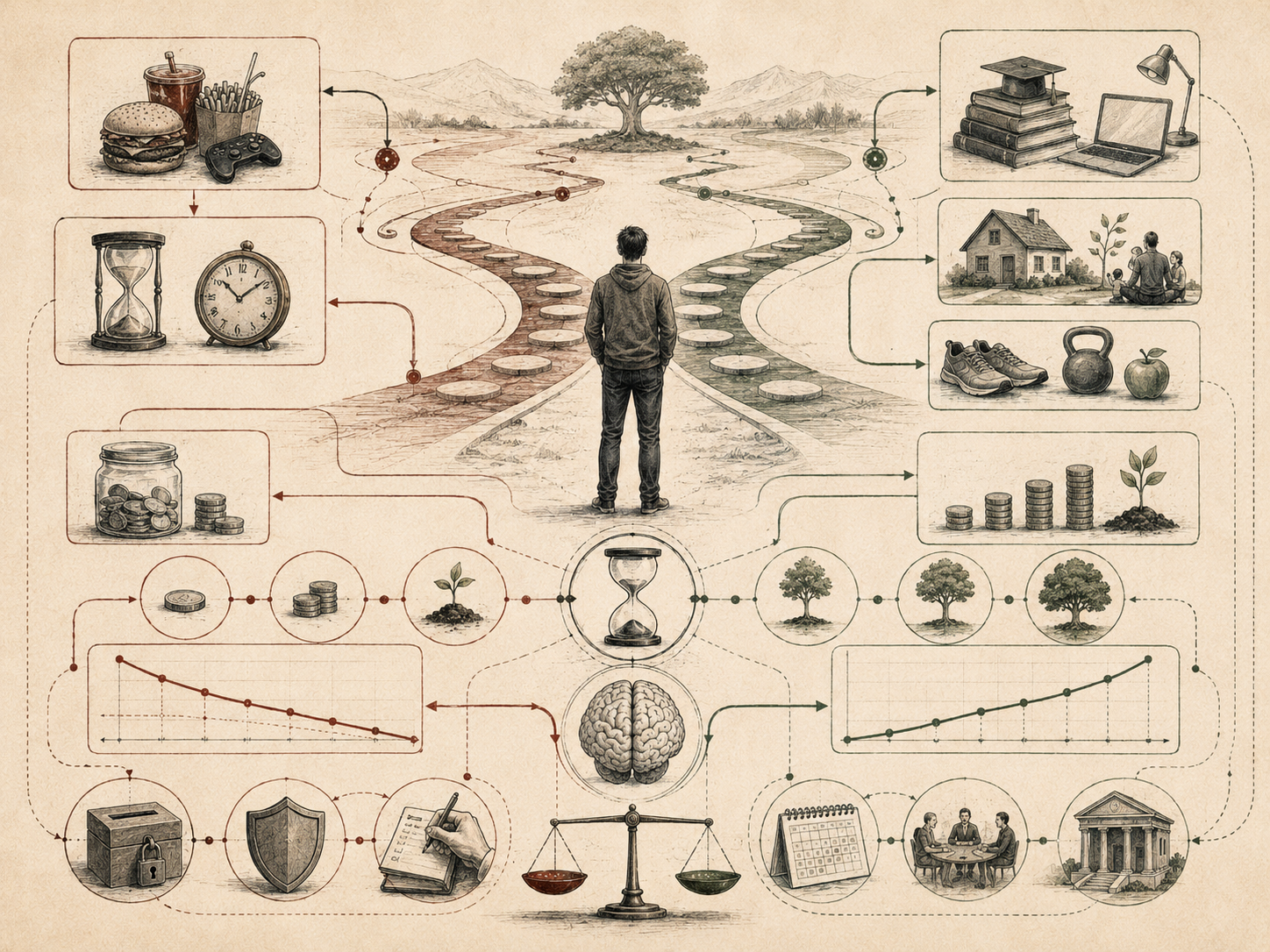 Editorial systems illustration showing time discounting through short-term rewards, long-term goals, delayed benefits, savings, education, health, planning, and future-oriented decision pathways.