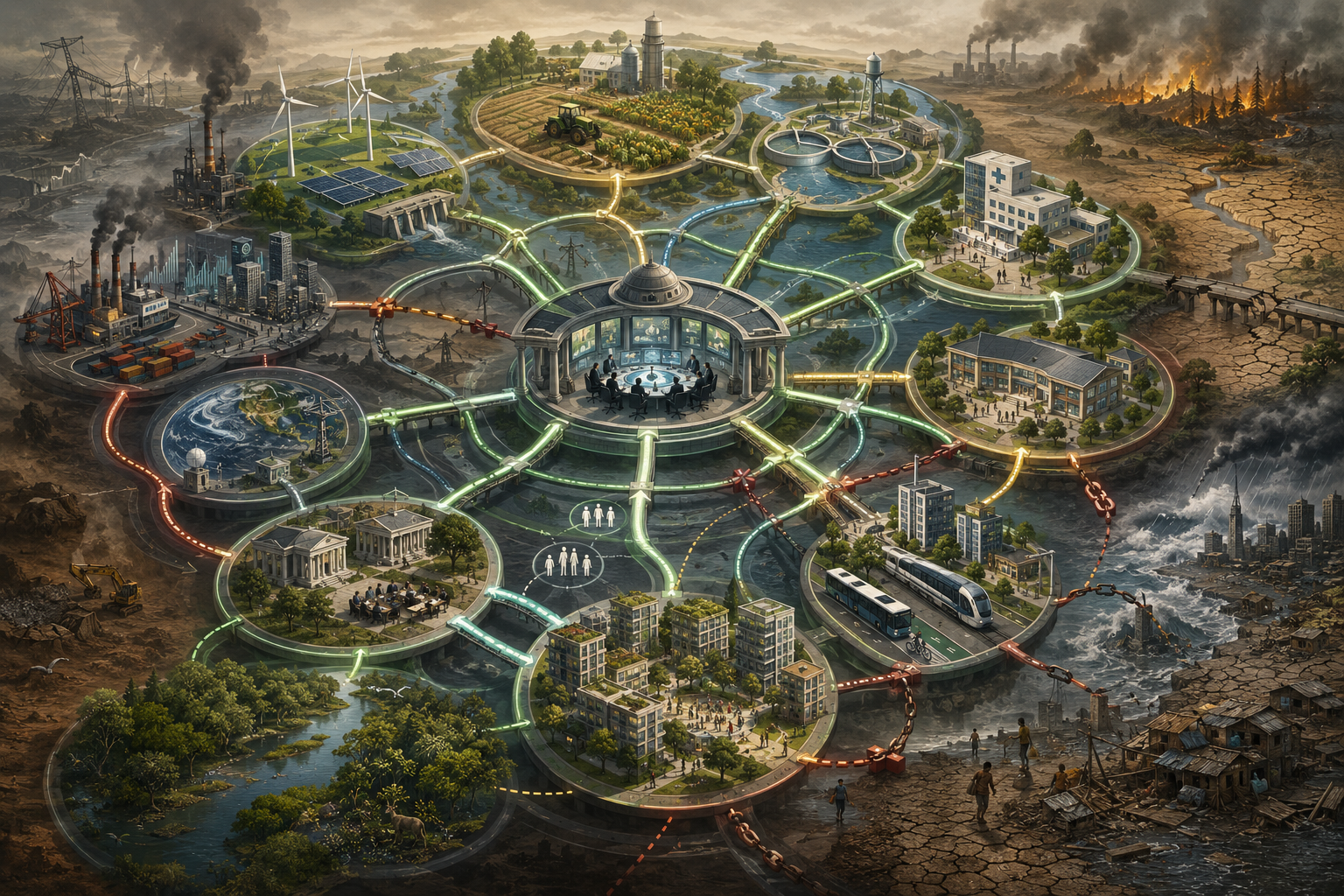 Editorial sustainability illustration showing an interconnected policy-governance system linking energy, food, water, health, education, transport, housing, ecosystems, and institutions, with both reinforcing synergies and damaging trade-offs across a stressed development landscape.