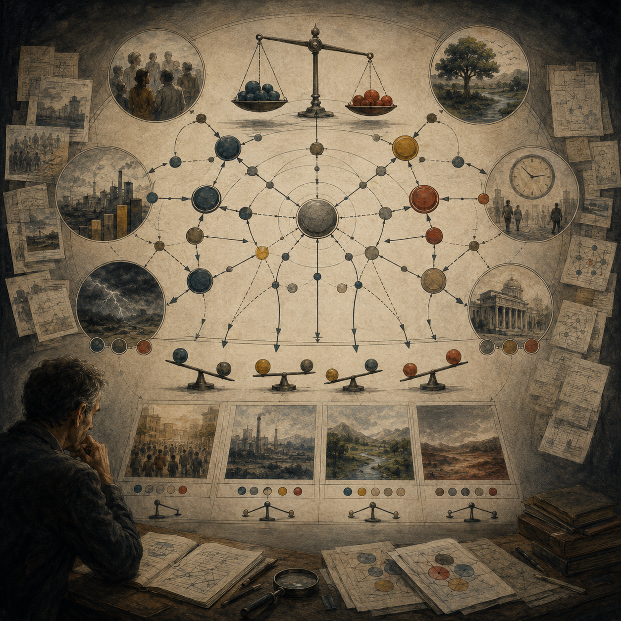 Painterly editorial illustration of trade-offs and competing objectives with a reflective analyst, weighted scales, interconnected criteria, value tensions, outcome scenarios, and decision pathways.