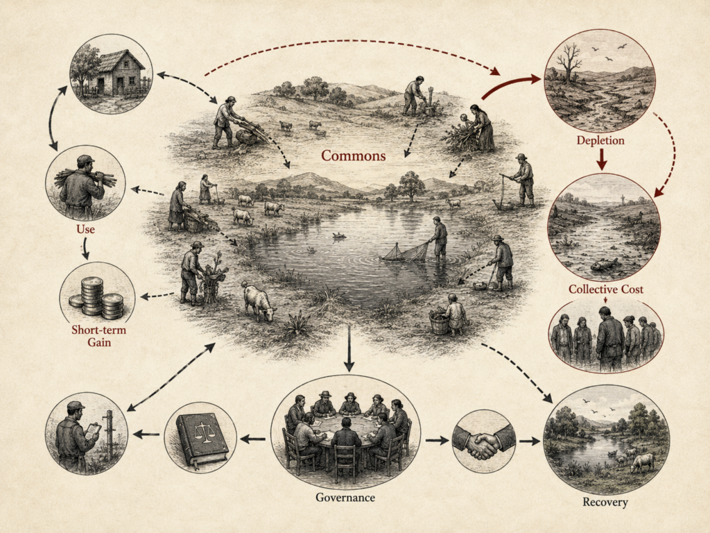 Restrained institutional research illustration showing a shared commons where individual resource use creates short-term gain, depletion, collective cost, and the need for governance, cooperation, and recovery.