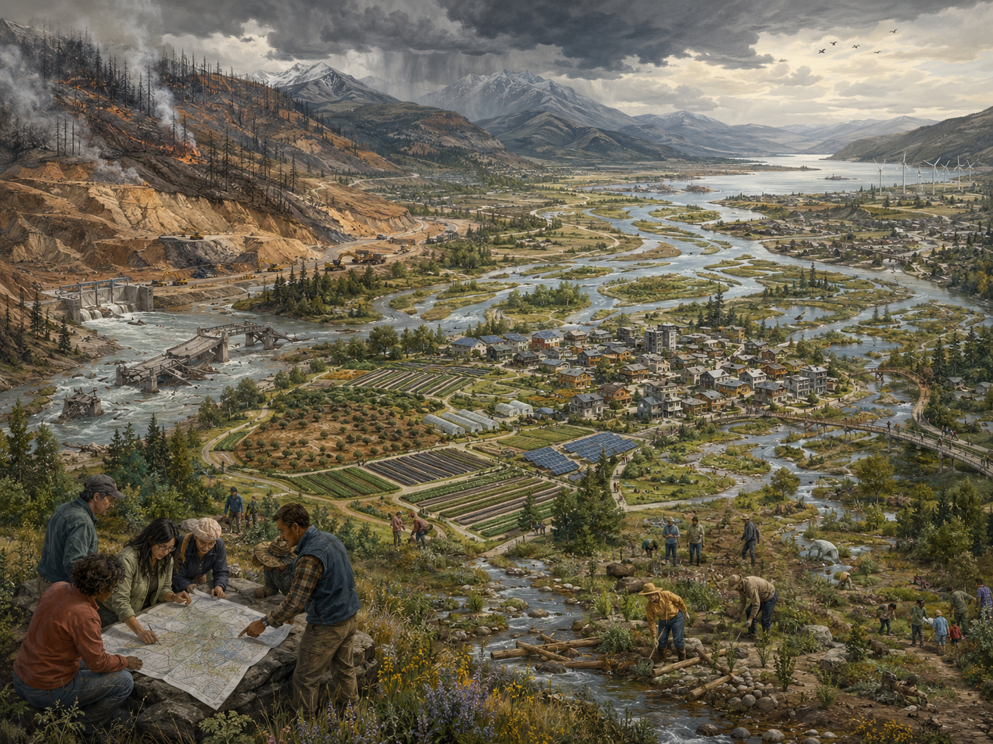 Panoramic systems illustration of a disturbed mountain watershed being transformed through ecological restoration, adaptive infrastructure, renewable energy, farms, wetlands, and community planning.
