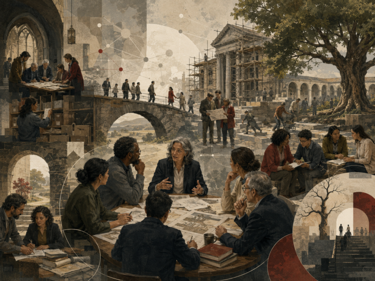 Restrained institutional illustration of leaders and teams planning transformation amid restored civic structures, scaffolding, archives, bridges, shared documents, and network pathways.