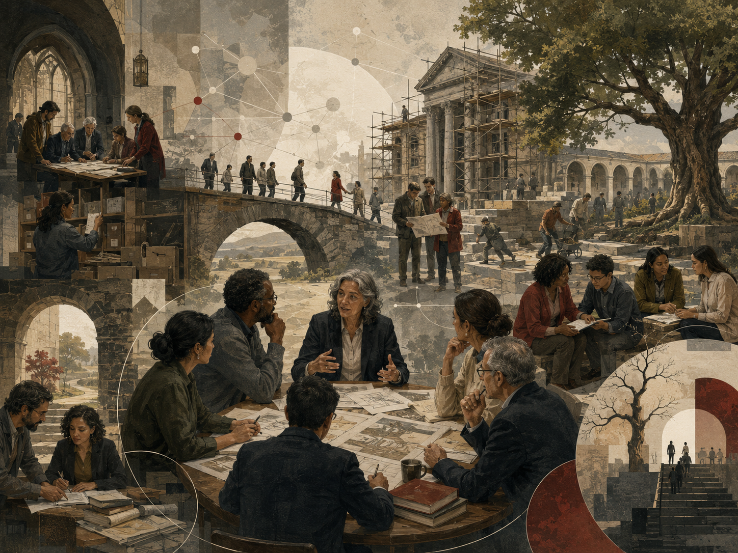 Restrained institutional illustration of leaders and teams planning transformation amid restored civic structures, scaffolding, archives, bridges, shared documents, and network pathways.