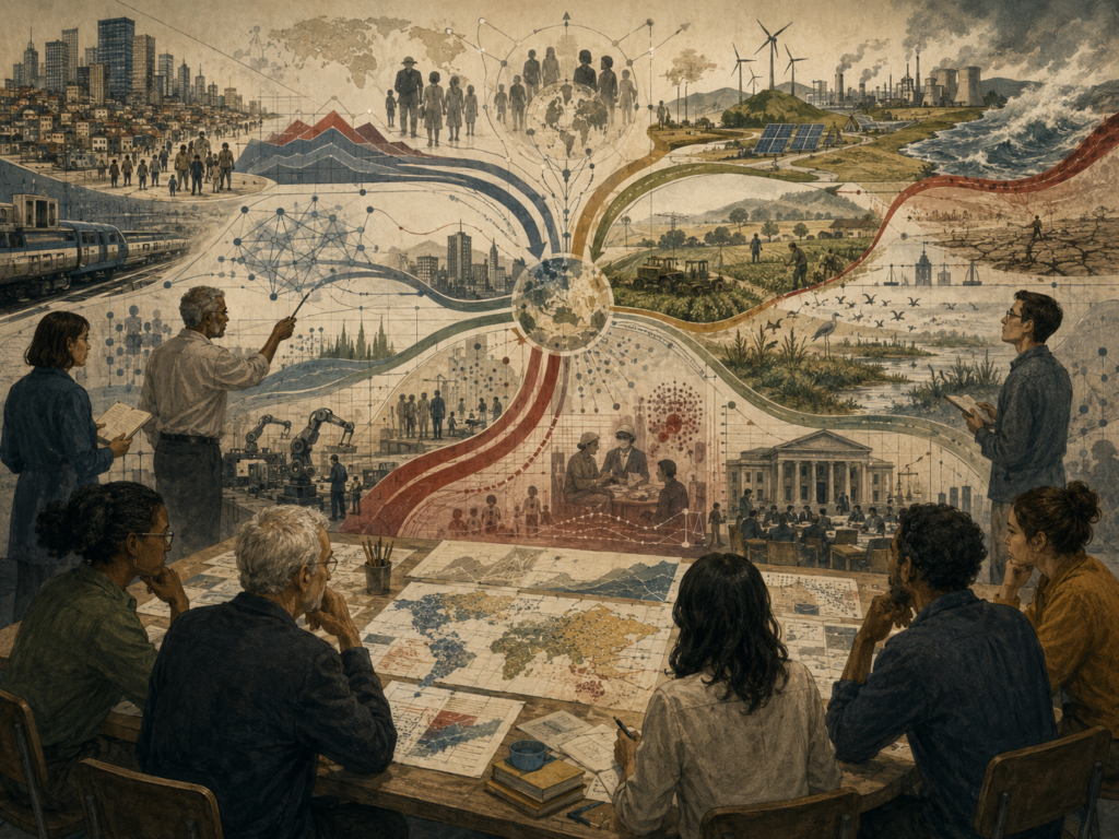 Researchers examine global megatrends across climate, demographics, cities, technology, energy, health, governance, and ecological change.