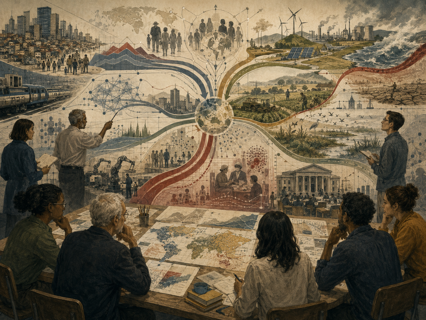 Researchers examine global megatrends across climate, demographics, cities, technology, energy, health, governance, and ecological change.