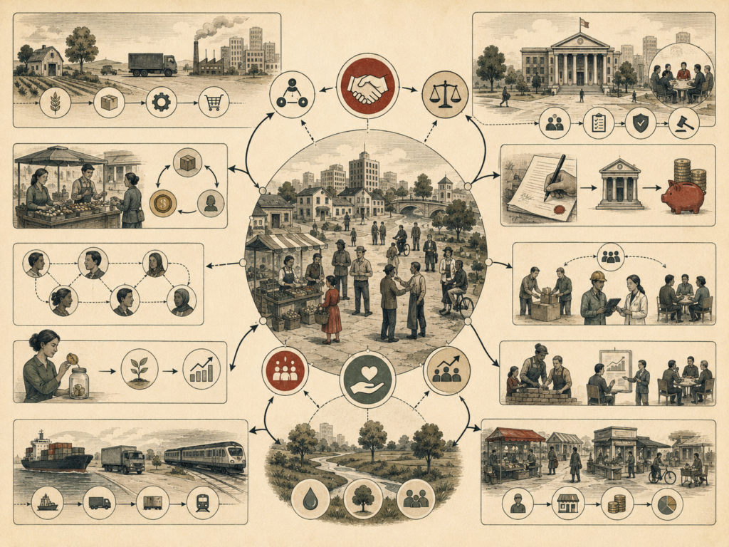 Editorial systems illustration showing trust and cooperation in economic systems through markets, contracts, institutions, supply chains, community exchange, savings, public goods, and shared infrastructure.