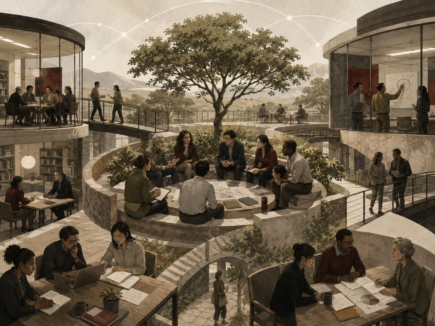 Restrained institutional illustration of workplace teams collaborating across open meeting spaces, shared tables, bridges, gardens, and connected rooms.