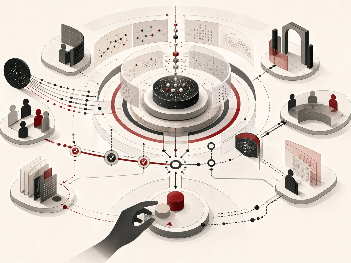Abstract editorial illustration of trustworthy AI showing a central decision core, explanation layers, user feedback loops, oversight gates, review checkpoints, and accountability pathways.