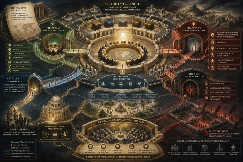 Abstract legal-studies illustration of the United Nations collective security system, showing Security Council authority, peaceful settlement, enforcement powers, self-defense, peacekeeping, veto paralysis, General Assembly workarounds, and unequal enforcement.