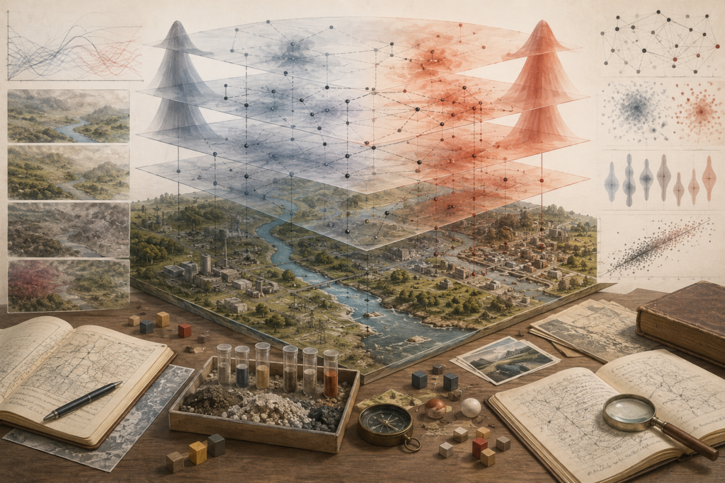 Layered systems model above a mapped landscape with translucent uncertainty fields, network structures, distribution shapes, sample evidence, notebooks, instruments, and analytical diagrams.