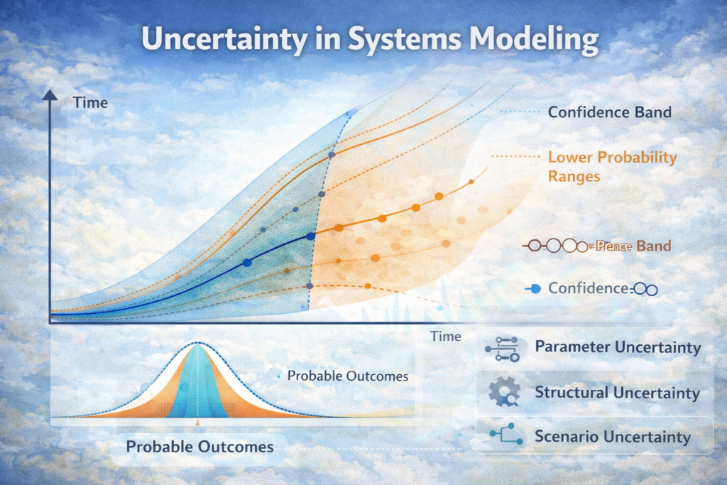 Visualization of uncertainty in systems modeling showing confidence bands, diverging simulation paths, and probability distributions around model outcomes.