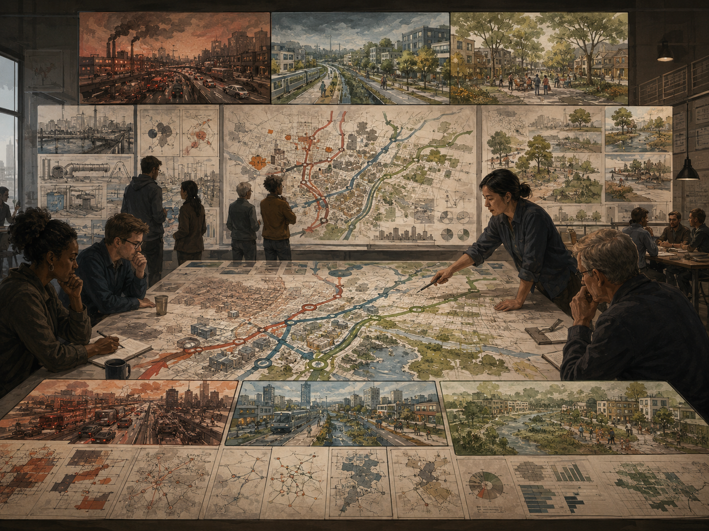 Urban planners and researchers study future city pathways across transit, housing, infrastructure, climate risk, public space, and ecological restoration.