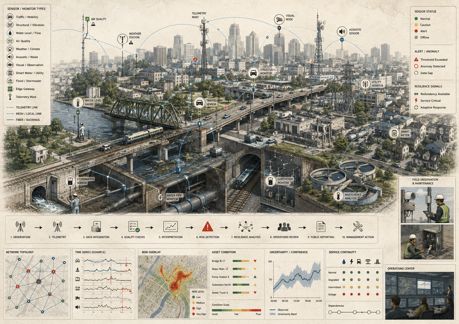 Restrained urban sensor network diagram showing bridges, rail, roads, stormwater systems, utilities, telemetry links, risk overlays, asset condition, service continuity, and operations review.