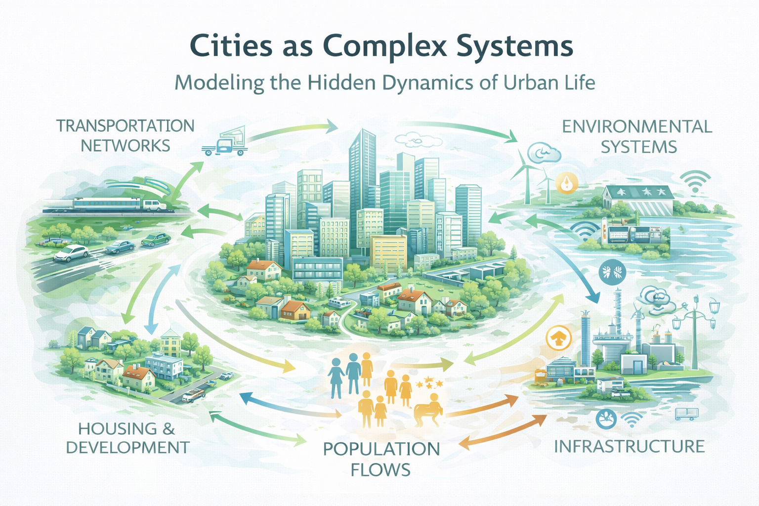 Illustration showing urban systems modeling with transportation networks, housing development, infrastructure systems, environmental processes, and population flows interacting in a complex city.