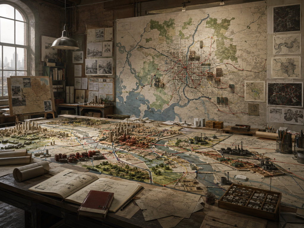 Institutional map room with a large city model, wall-mounted urban maps, transport routes, infrastructure networks, waterways, districts, planning sketches, and archival research materials.