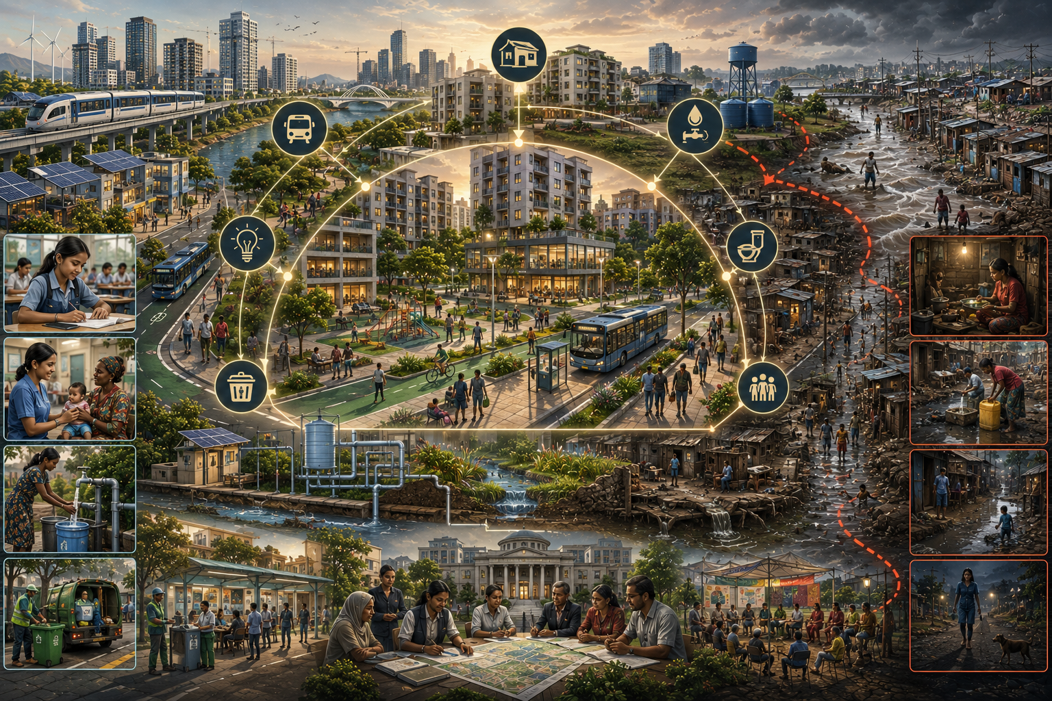 Editorial sustainability illustration showing inclusive urban development through housing, public transit, water, sanitation, energy, schools, clinics, civic institutions, informal settlements, service inequality, and climate-related urban risk.