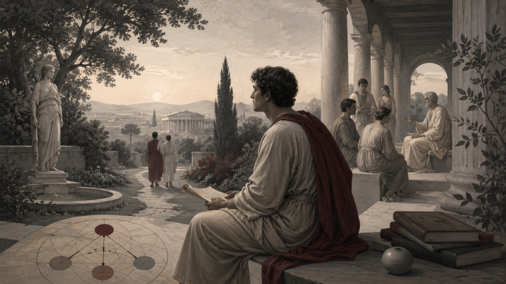 Restrained classical illustration of figures studying, walking, and reflecting in a gardened philosophical academy, symbolizing virtue ethics, moral formation, and the good life.
