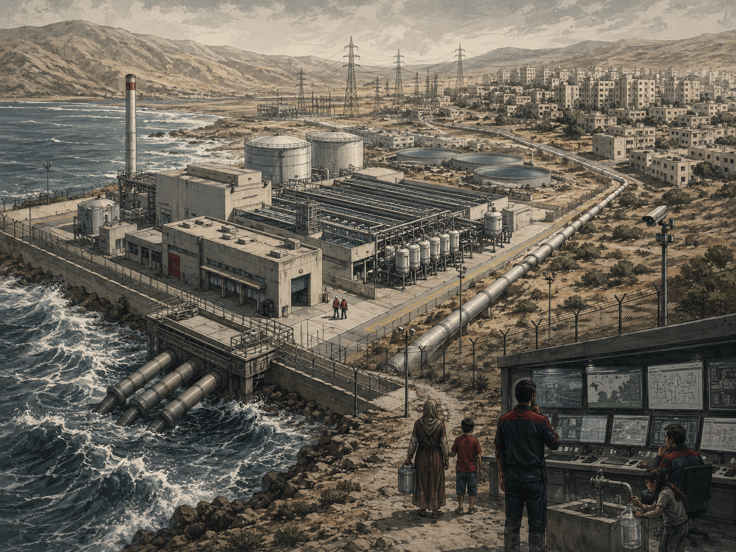 Editorial illustration of a coastal desalination plant with seawater intakes, pipelines, treatment tanks, power lines, security fencing, monitoring systems, nearby communities, and workers overseeing critical water infrastructure.