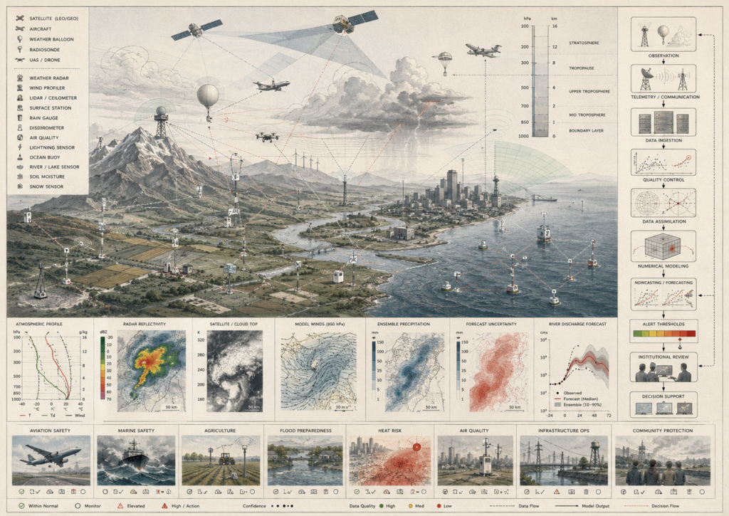 Restrained atmospheric monitoring diagram showing satellites, radar, weather balloons, surface stations, ocean buoys, telemetry, models, forecasts, uncertainty, and decision-support pathways.