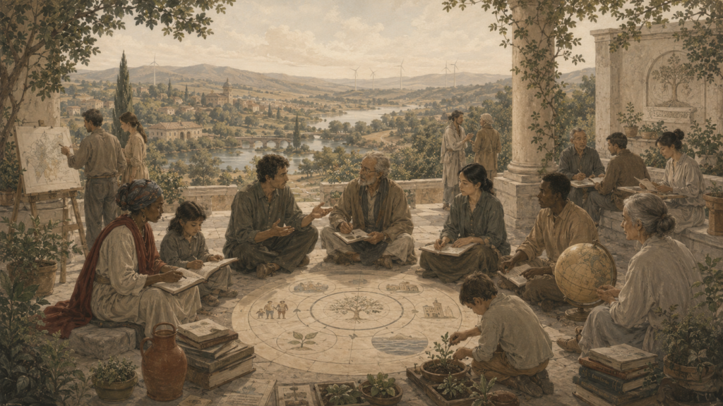 Restrained institutional illustration of a diverse intergenerational group gathered in a civic garden, studying sustainability, human flourishing, ecology, and development.