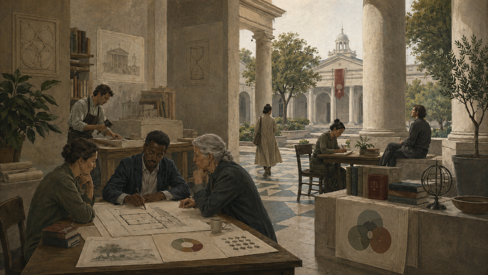 Restrained institutional illustration of scholars and workers collaborating over architectural plans in a classical courtyard, symbolizing well-being, work, and institutional design.