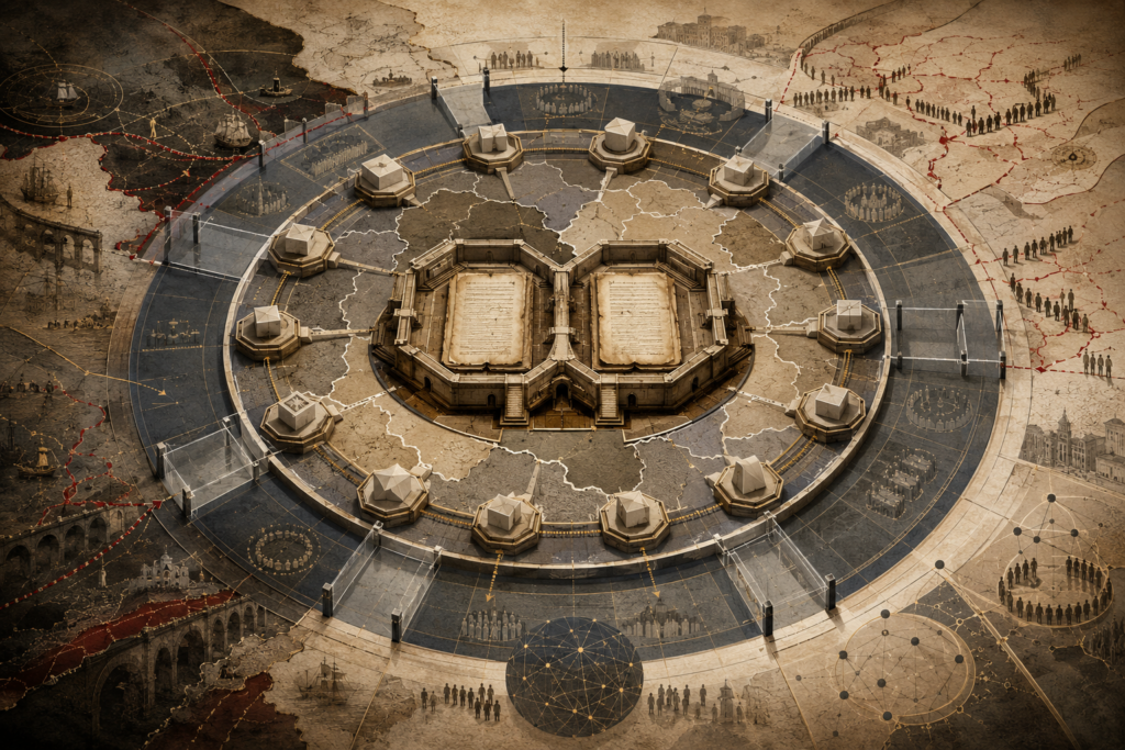 Abstract legal-studies illustration of the Westphalian system and state sovereignty, showing territorial authority, sovereign equality, non-intervention, treaty settlements, statehood, the UN Charter order, empire, decolonization, and contemporary international legal transformation.