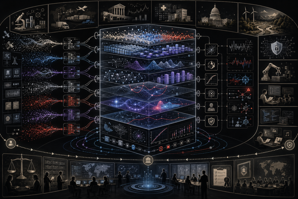 Artificial intelligence systems architecture showing data inputs, representation layers, model training, optimization, inference outputs, validation, monitoring, feedback loops, uncertainty signals, human oversight, governance controls, and audit trails across real-world applications.