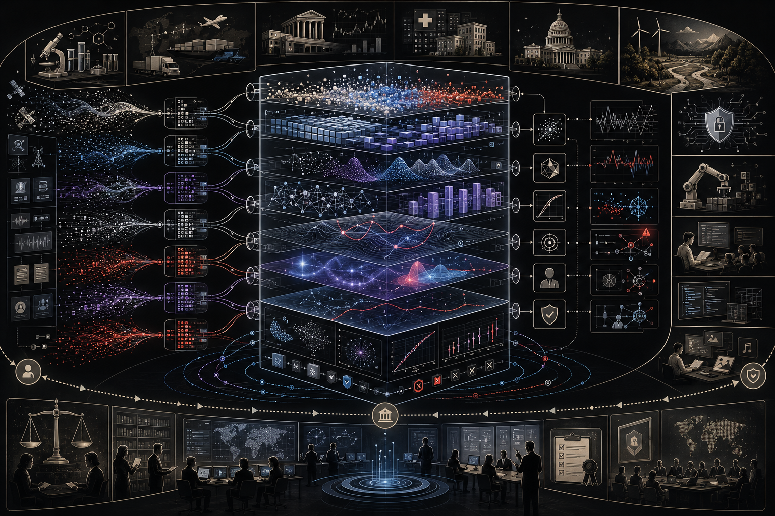 Artificial intelligence systems architecture showing data inputs, representation layers, model training, optimization, inference outputs, validation, monitoring, feedback loops, uncertainty signals, human oversight, governance controls, and audit trails across real-world applications.