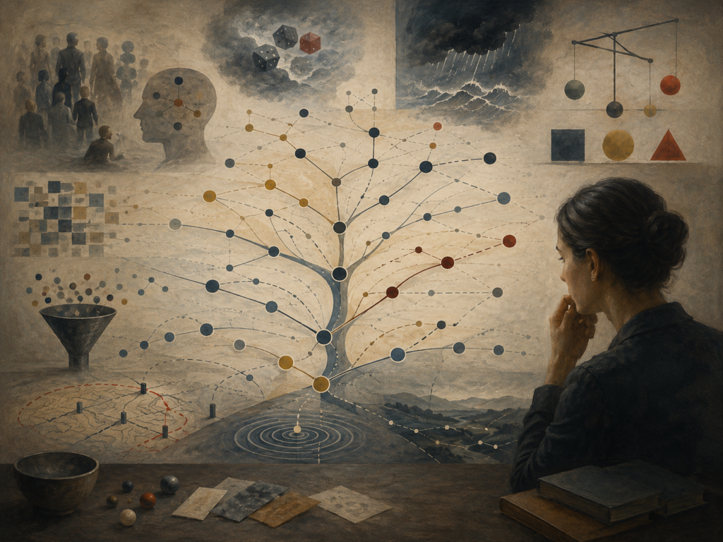 Painterly editorial illustration of decision science with branching pathways, weighted nodes, uncertainty symbols, evidence fragments, and a contemplative figure studying choices under uncertainty.