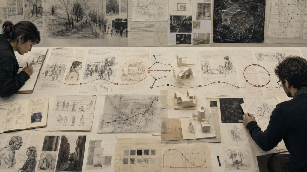 Editorial illustration of a design research studio table covered with sketches, diagrams, field notes, paper prototypes, and feedback loops, with two focused practitioners working through an iterative design process.