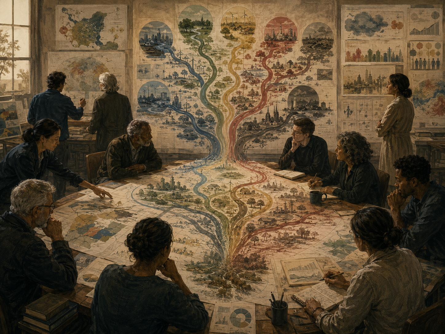 Researchers study branching future scenarios across maps, civic systems, infrastructure, ecology, and social change.