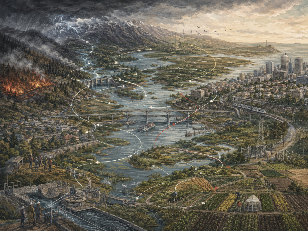Editorial illustration of a connected watershed, city, farms, infrastructure, and ecosystems responding to disturbance through adaptive pathways and feedback loops.
