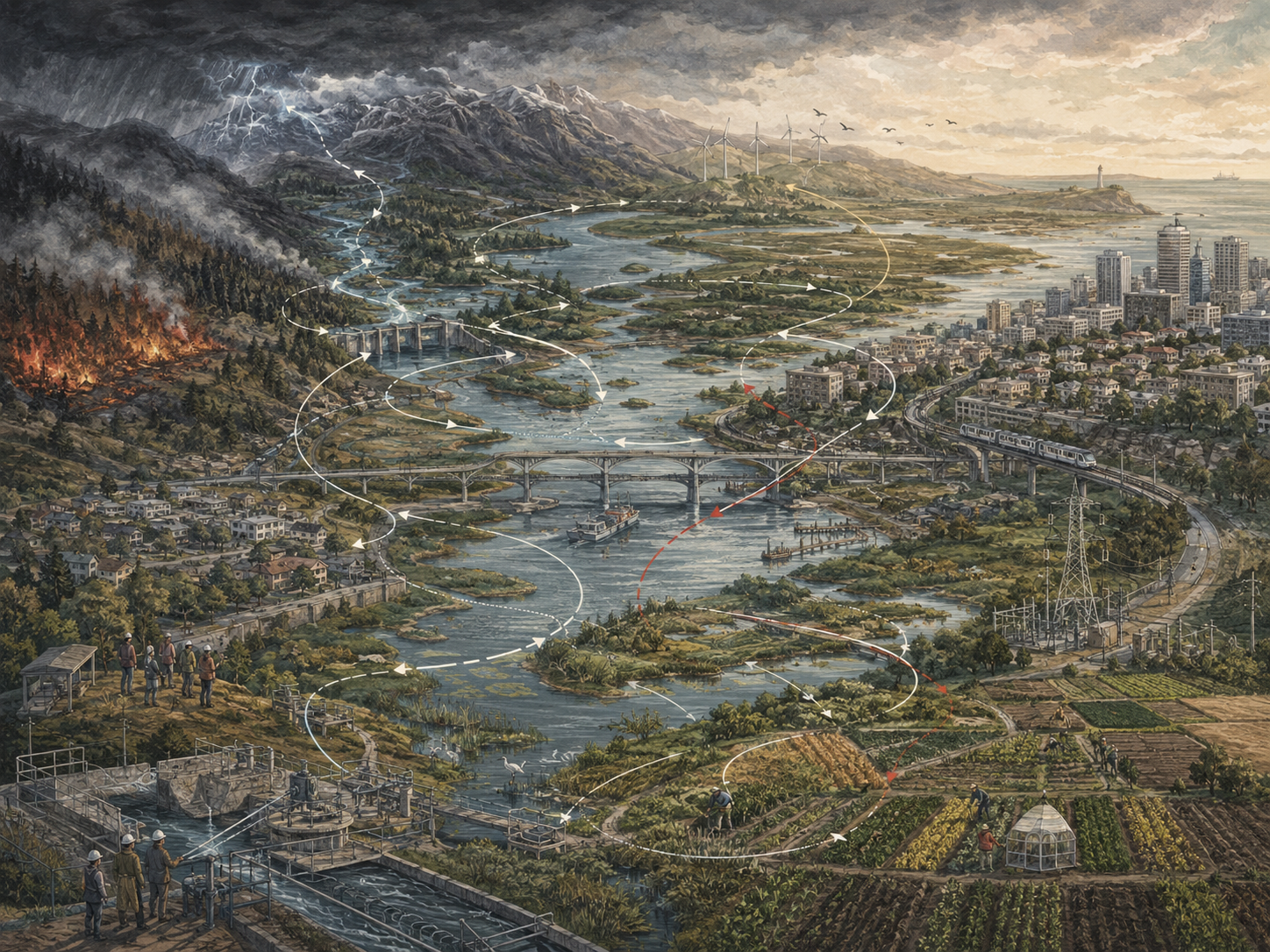 Editorial illustration of a connected watershed, city, farms, infrastructure, and ecosystems responding to disturbance through adaptive pathways and feedback loops.